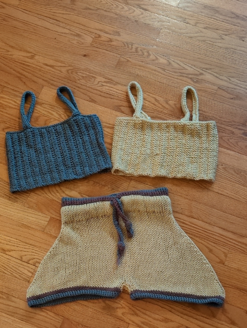 Handmade Knit Shorts with 2 Matching Cropped Tops Gray Tan Brown Size Small
